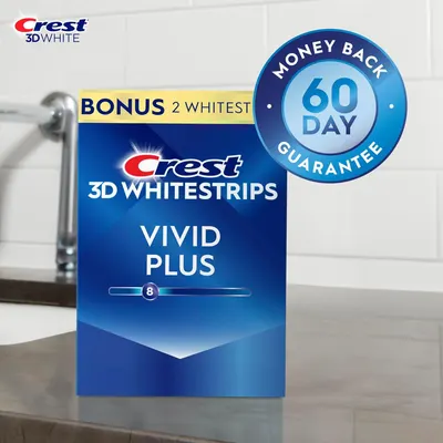 Showcases the Crest 3D Whitestrips Vivid Plus product variant with a 60-day money-back guarantee to build brand trust and help shoppers identify this specific product option within the Crest…
