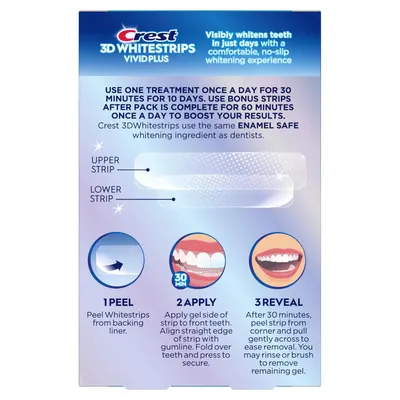 Provides clear step-by-step instructions on how to use the whitening strips, from peeling to application to removal, ensuring shoppers understand the simple usage process. Communicates multiple…