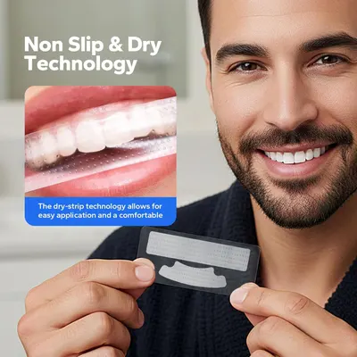 Highlights the product's dry-strip technology that ensures the teeth whitening strips stay in place and are comfortable to apply, reassuring shoppers of ease of use and comfort.