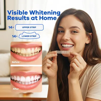 Demonstrates the visible transformation from using the whitening strips, showing yellowed teeth before and bright white teeth after to prove product effectiveness. Reassures shoppers that…