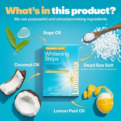 This image communicates the product's ingredient transparency and quality by showcasing multiple natural ingredients (Sage Oil, Coconut Oil, Dead Sea Salt, Lemon Peel Oil) that make up the whitening…