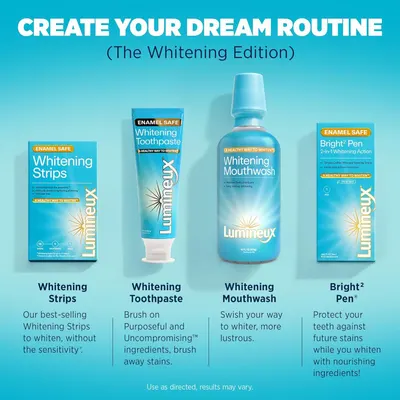 Showcases the brand's complete whitening product lineup to help shoppers understand the full range of options available and how they work together as a system.