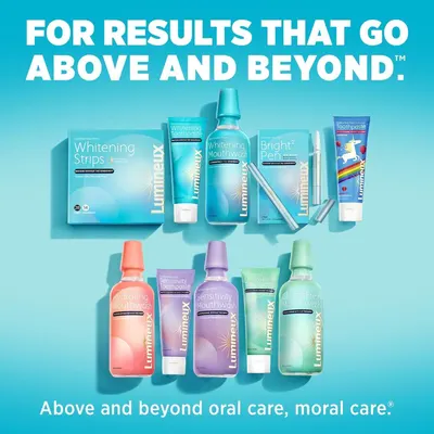 Showcases the full Lumineux oral care product portfolio to communicate brand breadth and reinforce the brand's tagline about results that go above and beyond.