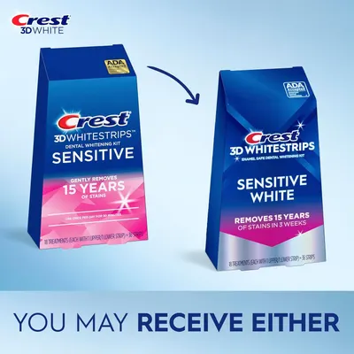 Informs shoppers that they may receive either of two packaging designs for the same Crest 3D Whitestrips Sensitive product, managing expectations about packaging variation.
