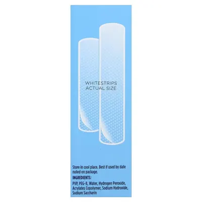 Shows the actual physical size of the whitestrips to help shoppers understand the product dimensions before purchase.