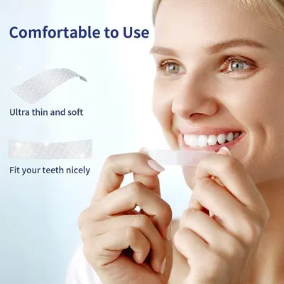 Communicates multiple comfort-related benefits of the dental product through a segmented layout with three distinct callouts, reassuring shoppers about ease of use and fit.