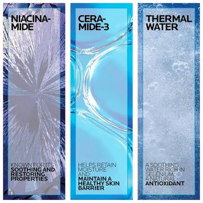 Communicates the product's three key ingredients and their distinct benefits in a visually segmented layout to reassure shoppers of the formula's comprehensive skincare benefits.