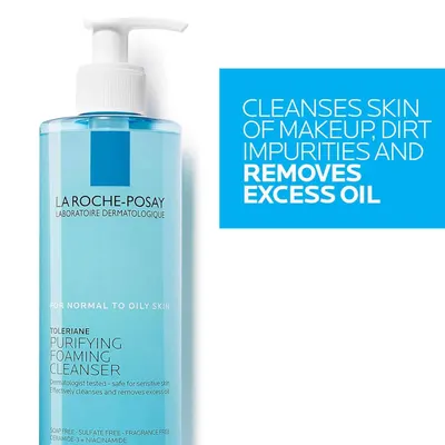Communicates the primary cleansing benefit of the product—removing makeup, dirt, impurities, and excess oil—to reassure shoppers that this cleanser effectively purifies normal to oily skin.