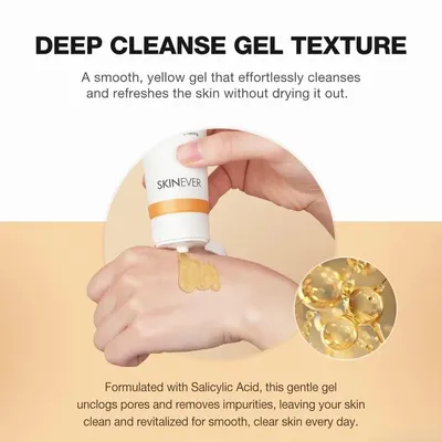 Highlights the product's smooth gel texture and key benefit of deep cleansing without drying, reassuring shoppers about the gentle yet effective formula with salicylic acid.