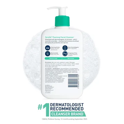 Communicates multiple key benefits of the facial cleanser in a segmented layout with icons, reassuring shoppers about its dermatologist-developed formula, gentle cleansing action, and skin-friendly…