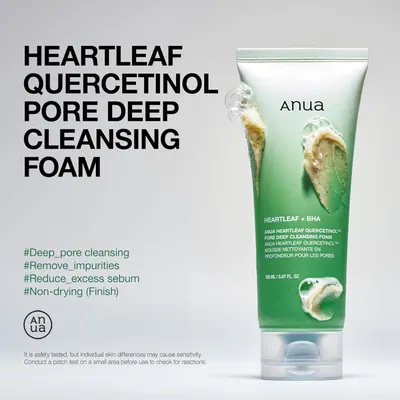 Communicates multiple distinct benefits of the cleansing foam in a segmented list format, showing shoppers that this product addresses several skincare concerns at once.