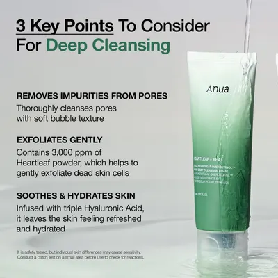 Communicates three distinct benefits of the deep cleansing product: removing impurities from pores, gently exfoliating dead skin cells, and hydrating the skin with hyaluronic acid.