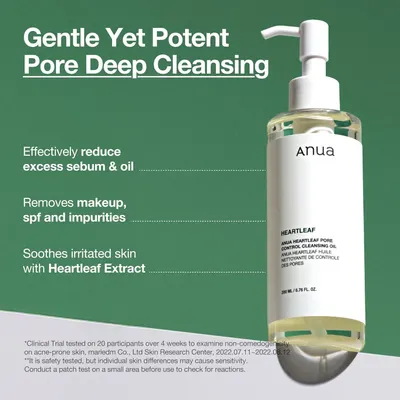 Communicates multiple distinct benefits of the cleansing oil in a segmented bullet-point layout to show shoppers the comprehensive skincare advantages of the product.