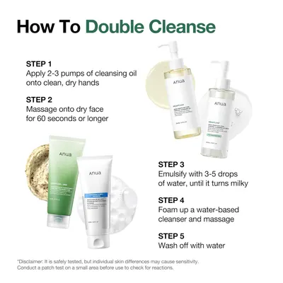 Provides step-by-step instructions on how to perform a double cleanse skincare routine using the brand's products, educating shoppers on proper usage technique.