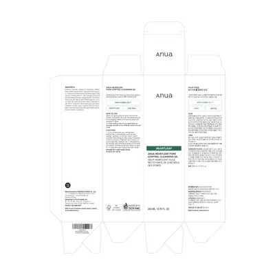 This image shows the unfolded packaging layout for the Anua Heartleaf Pore Control Cleansing Oil, displaying all product information, ingredients, usage instructions, and regulatory details that…