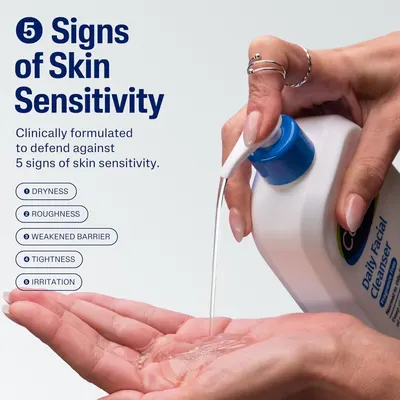 Communicates that the product is clinically formulated to address five specific signs of skin sensitivity, reassuring shoppers with sensitive skin that this product is designed for their needs.