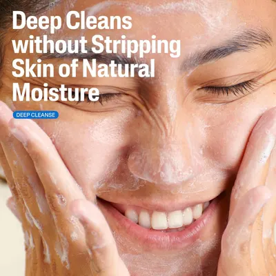 Communicates that the product provides deep cleansing while preserving the skin's natural moisture, reassuring shoppers that it won't dry out or strip their skin.
