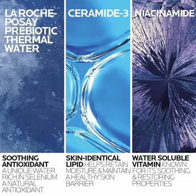 Highlights three key ingredients and their distinct benefits (antioxidant, skin barrier support, and soothing properties) to communicate the product's comprehensive skincare formulation.