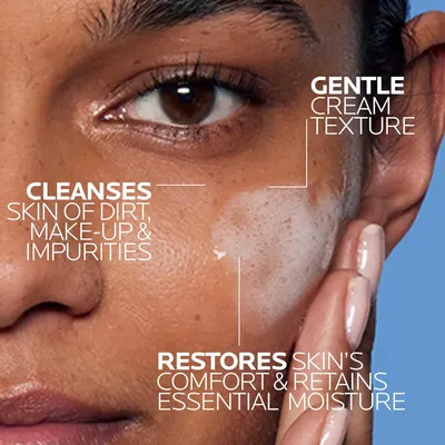 Communicates multiple distinct benefits of the cleanser in a segmented layout, showing it is gentle, effective at cleansing, and moisturizing to reassure shoppers of its comprehensive skincare value.