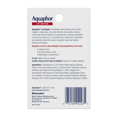 Communicates multiple product benefits and features including dermatologist recommendation, ingredient highlights, and suitability for sensitive lips to build trust and demonstrate comprehensive lip…