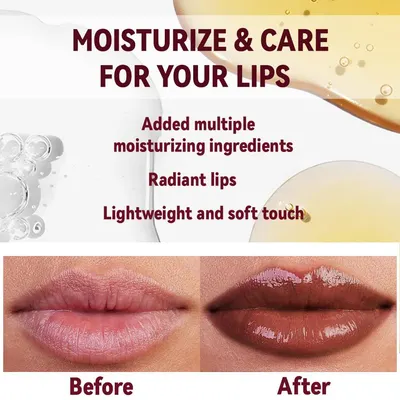 Demonstrates the transformative effect of the lip product, showing how it moisturizes and enhances lip appearance from dry to radiant and glossy. Highlights three distinct product benefits in a…