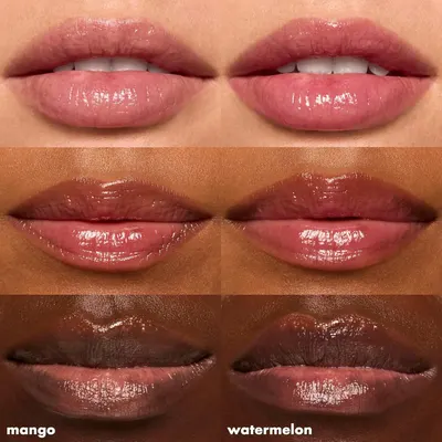 Demonstrates how two different shades of the same product line (mango and watermelon) appear on various skin tones, helping shoppers choose the right shade for themselves.