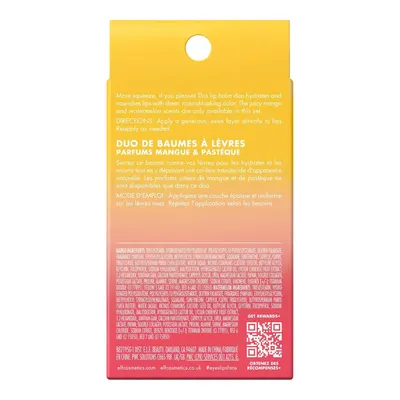 Shows the back packaging of a lip balm duo set, informing shoppers about the product contents (two scented lip balms), ingredients, and usage directions.