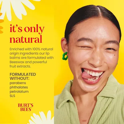 Communicates that the lip balm is made with 100% natural origin ingredients and is free from harsh chemicals, reassuring shoppers seeking clean, natural beauty products. Highlights the product's…