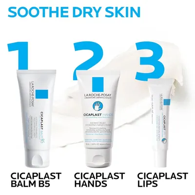 Displays the brand's Cicaplast product line to help shoppers understand the different options available for soothing dry skin across different body areas (balm, hands, lips). Shows three different…