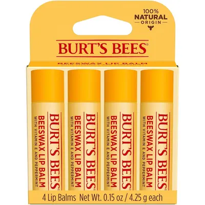 Shows the customer exactly what they will receive in the package: a 4-pack of Burt's Bees Beeswax Lip Balm with Vitamin E and Peppermint, emphasizing the bundle value and quantity.