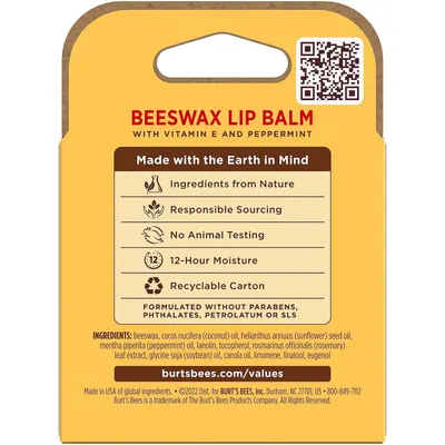 Communicates the product's environmental responsibility and safety credentials, reassuring shoppers that the lip balm is made with natural ingredients, ethically sourced, cruelty-free, and packaged…