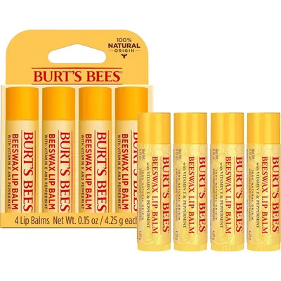 Shows the customer exactly what they will receive: a 4-pack of Burt's Bees Beeswax Lip Balm in retail packaging plus individual tubes, helping shoppers understand the bundle contents and value.