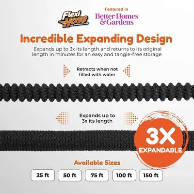 Communicates the key performance metric that the hose expands up to 3 times its original length, emphasizing the product's expandability and convenience. Highlights multiple distinct benefits…