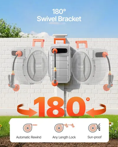 Communicates multiple key benefits of the hose reel system including its swivel mounting capability, automatic rewind function, adjustable length locking, and weather-resistant design to show…