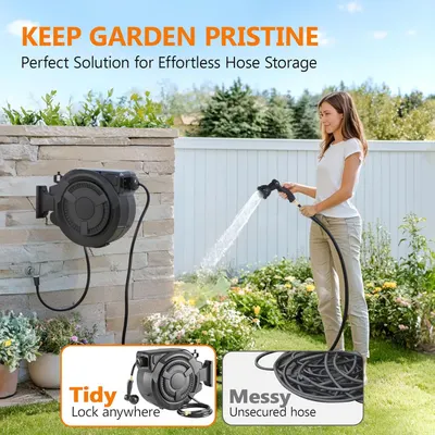 Demonstrates the product's superior hose storage solution by comparing the tidy, wall-mounted retractable hose reel against a messy, unsecured traditional hose to show why this product keeps gardens…