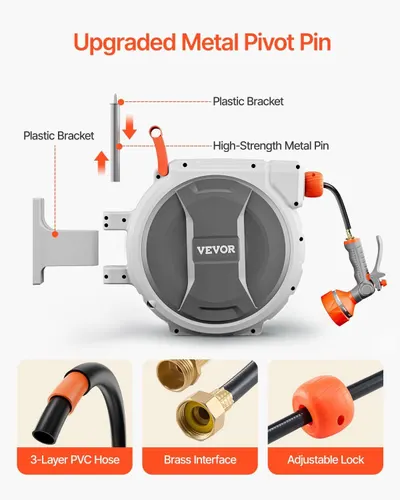 This image breaks down the physical components and construction of the hose reel, highlighting the upgraded metal pivot pin, plastic bracket mounting system, and key material features to reassure…