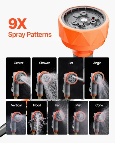 Demonstrates the product's versatility by showcasing nine distinct spray pattern options, reassuring shoppers they can customize water flow for different tasks and preferences.