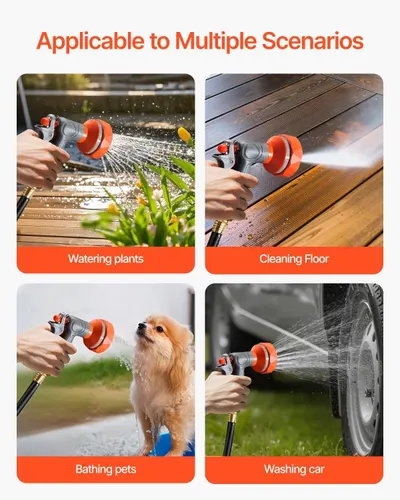 Demonstrates the product's versatility by showing four distinct use scenarios (watering plants, cleaning floors, bathing pets, washing cars) to reassure shoppers that this is a multi-purpose tool…