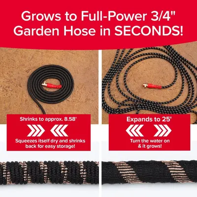 Demonstrates how the expandable garden hose works by showing the two-step process: it shrinks when water is off for easy storage and expands when water is turned on. Highlights the impressive…
