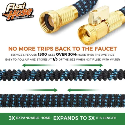 Communicates multiple key benefits of the expandable hose: exceptional durability and service life, space-saving compact storage, and 3X expansion capability to reassure shoppers of quality and…