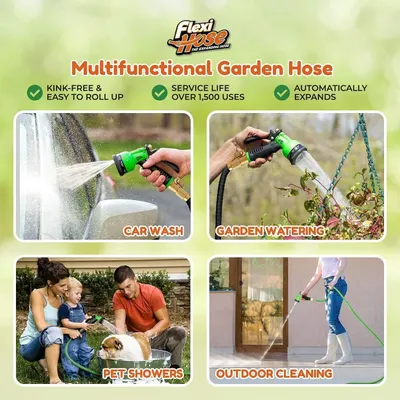Demonstrates the versatility of the garden hose by showing four distinct use cases, reassuring shoppers that this single product can handle multiple household and outdoor tasks. Highlights three key…