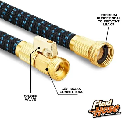 Breaks down the hose's key physical components with labeled callouts to demonstrate quality construction and functional features that prevent leaks and provide control.