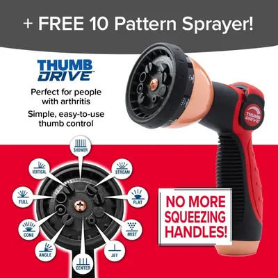 Communicates multiple key benefits of the hose sprayer including its 10 spray pattern options, easy thumb-drive control mechanism, and accessibility for people with arthritis by eliminating the need…