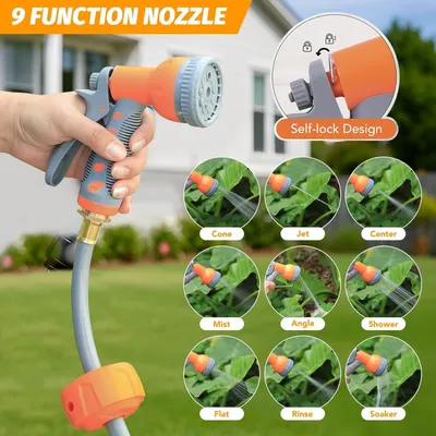 Demonstrates the versatility and functionality of the garden hose nozzle by showcasing its 9 different spray patterns and self-locking feature, helping shoppers understand the product's multiple use…