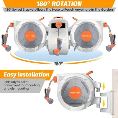 Communicates two distinct benefits of the hose reel system: the 180° swivel bracket that allows full garden coverage, and the slideway bracket design that makes mounting and dismounting convenient.