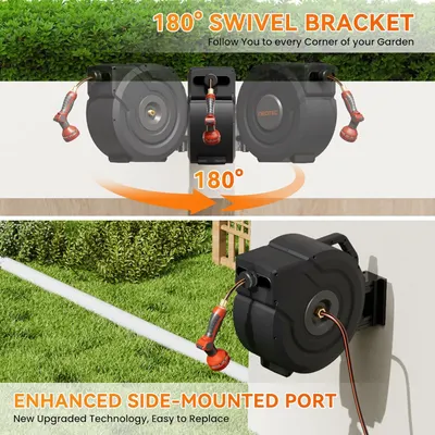 Demonstrates two distinct product features: the 180-degree swivel capability for full garden coverage and the upgraded side-mounted port design for easy hose replacement.