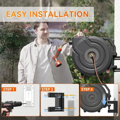 Demonstrates the simple 3-step installation process for the hose reel, reassuring shoppers that setup is quick and straightforward with clear visual instructions.
