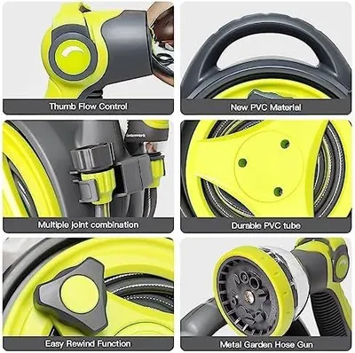 This image breaks down the garden hose product by highlighting its key physical components and material features, helping shoppers understand the construction quality and functional parts that make…