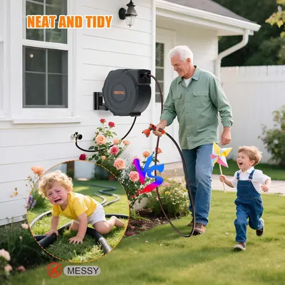 Demonstrates how the retractable hose reel keeps the yard organized and tidy compared to traditional messy hoses lying on the ground, reassuring shoppers of a cleaner outdoor space. Highlights the…