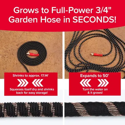 Demonstrates how the expandable garden hose works by showing the before and after states when water is turned on, reassuring shoppers about the product's unique expanding and contracting…